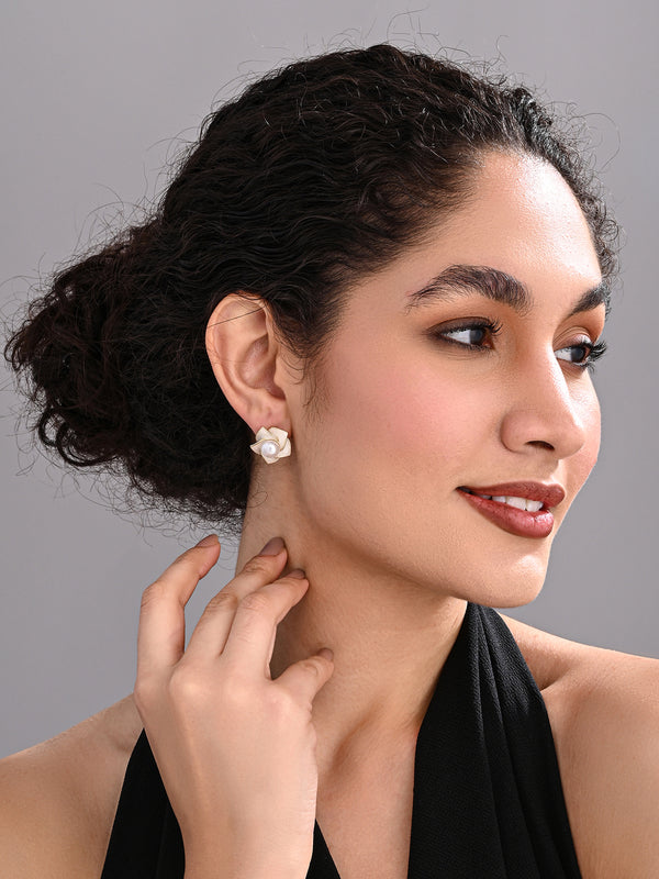 Pearl Petal Studs worn by a model