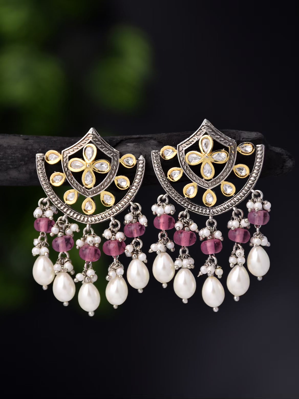 Regal Kundan Pearl & Ruby Chandelier Earrings