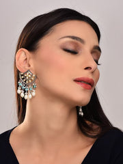 Regal Kundan Pearl & Blue Chandelier Earrings